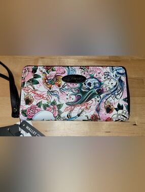 Ed Hardy Pink Floral Skull Wristlet Wallet
